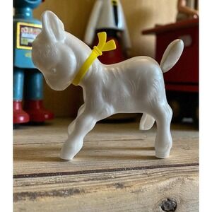 Plastic Wind Up Toy White Baby Goat Kid Yellow Ribbon Mid Century